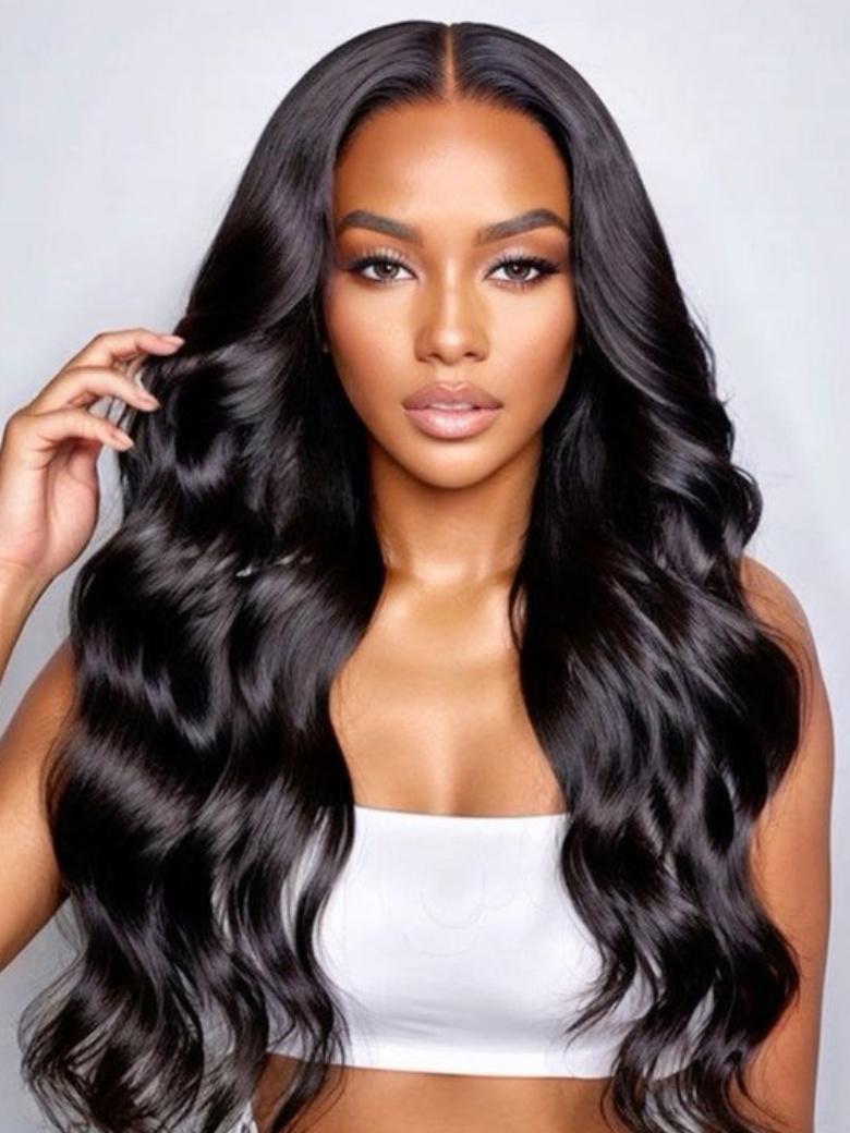 A model displays the UNice Hair Peruvian Body Wave HD Lace Closure With 3pcs Human Hair Weave, showing a model with long black hair wearing a white top and body wave.