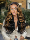 A model displays the UNice 13X6 Balayage Highlight& 7x5 Bye Bye Knots Black with Caramel Blonde wig, showing a model with long hair and a white sweater and body wave.