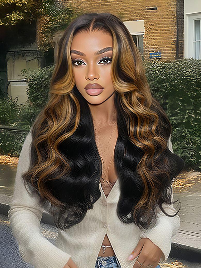 A model displays the UNice 13X6 Balayage Highlight& 7x5 Bye Bye Knots Black with Caramel Blonde wig, showing a model with long hair and a white sweater and body wave.