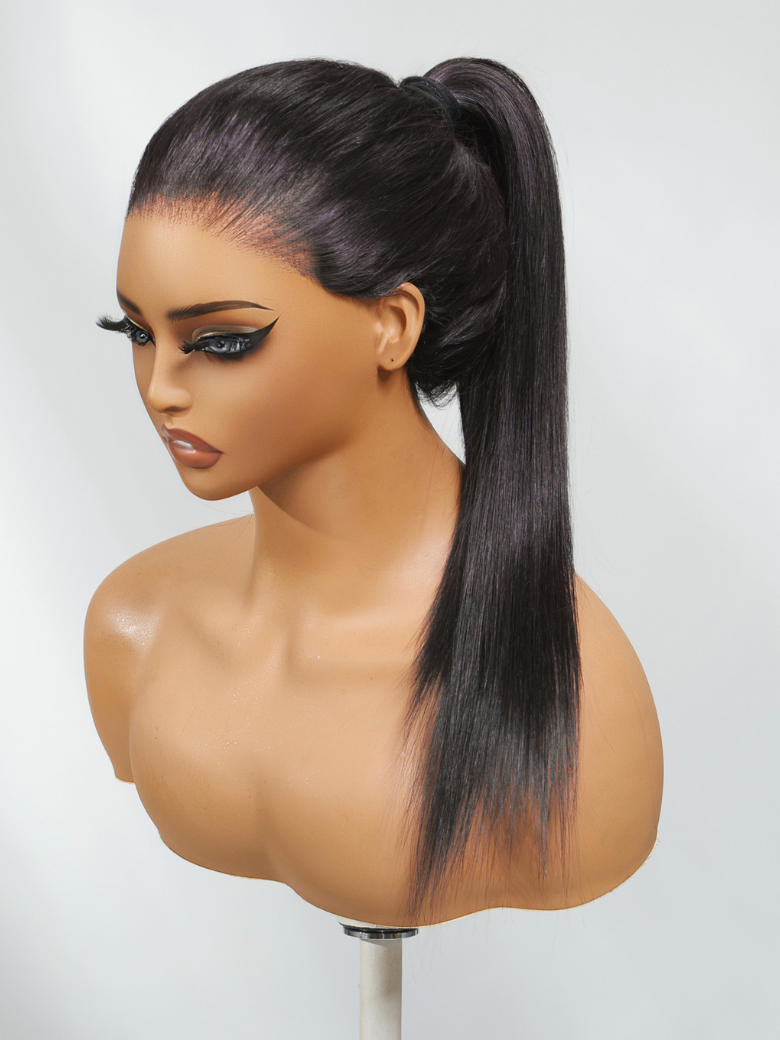 The UNice Pre-Everything Lace Frontal Black Feather Layer Cut Straight Glueless Invisi product image shows a manne with a ponytail on it and straight texture, 13x4.