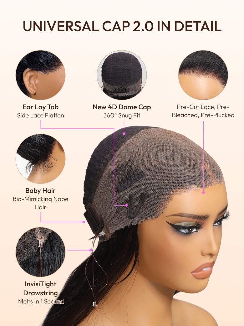 The UNice Invisible Strap 360 Lace Black Water Wave and Body Wave Wig image highlights UNIVERSALCAP2.OINDETAIL, EarLayTab, New4DDomeCap, Pre-CutLace, the top view.