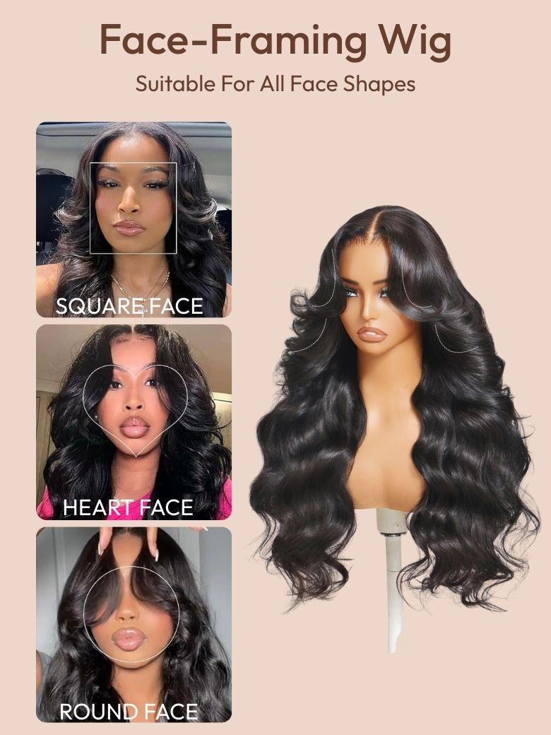 The UNice HD Real Scalp Wig 13x4 Invisible Lace Frontal Loose Wave with Face Framing image highlights Face-Framing Wig, SuitableForAll FaceShapes, SQUAREFACE, HEARTFACE.
