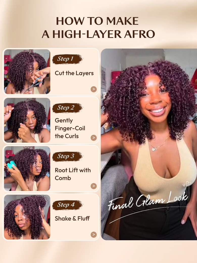 UNice Black Cherry Afro Kinky Curly Wig With Finger Coil Ends Bye-Bye Slip™ 7x5 Glueless Wig Throw and Go