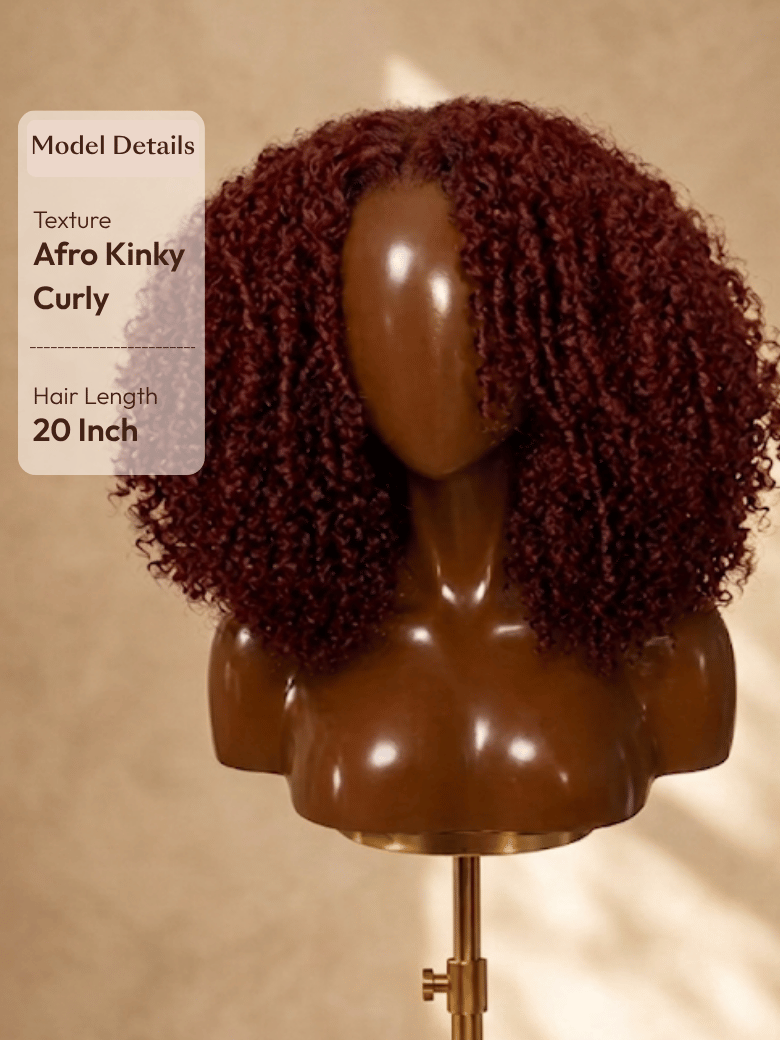 A model displays the UNice 7x5 Bye Bye Slip Wig Glueless Lace Sunset Afro Kinky Curly & Jerry Curly for, showing a model with curly hair and a brown wig and kinky curly.