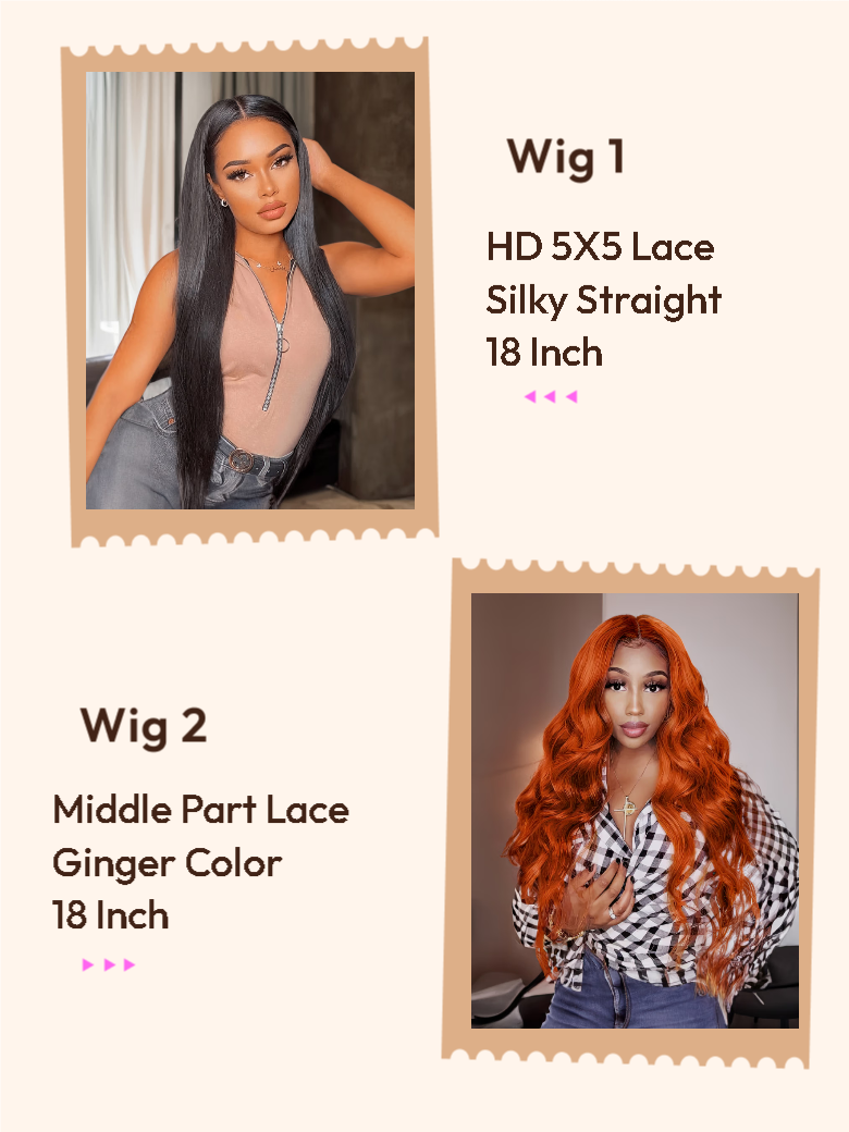 A model displays the UNice Two 18" wig $129 HD 5X5 Lace Silky Straight 18" & 4x0.75 Middle Part Lace, showing a poster with a woman in a black and white shirt and body.