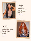 A model displays the UNice Two 18" wig $129 HD 5X5 Lace Silky Straight 18" & 4x0.75 Middle Part Lace, showing a poster with a woman in a black and white shirt and body.
