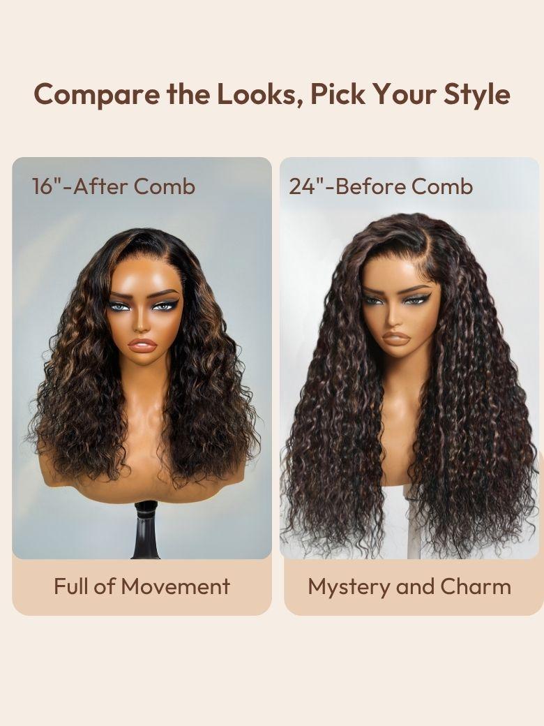 The UNice Bye Bye Knots 7x5 Lace Water Wave Black Wig With Golden Brown Highlights & image highlights Compare the Looks, Pick Your Style, 16"-AfterComb, 24"-BeforeComb.
