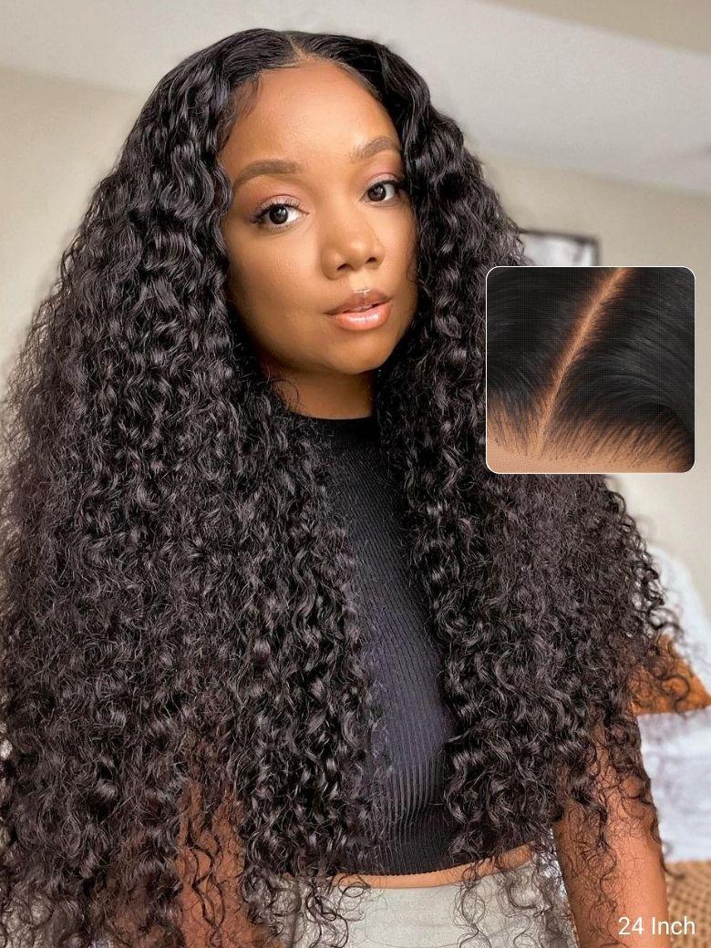 A model displays the UNice Limited Time 7x5 Lace Bye-bye Knots Baby Hair 30s Quick Install Glueless Water, showing a model with long curly hair and a black top and water.