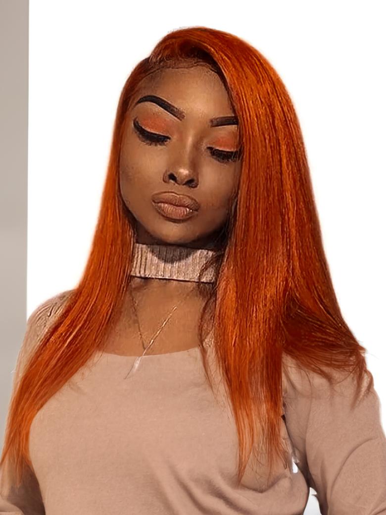 A model displays the UNice Hair #350 Color Virgin Hair Weave Ginger Hair 1 Piece Hair Bundle Body Wave, showing a model with long red hair and a sweater and body wave.
