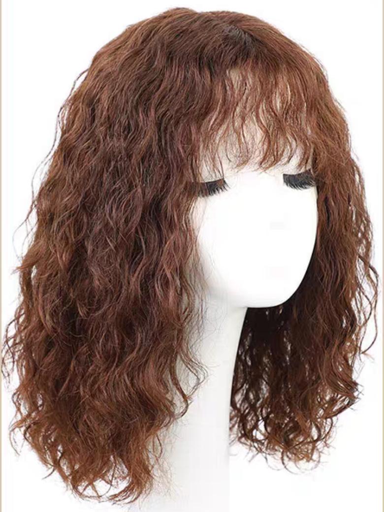 The UNice 14 Inch UNice Machine-Made & Hand-Made Natural Black Curly Bob Wig With Bangs product image shows a wig with long brown hair and bangs and curly texture.