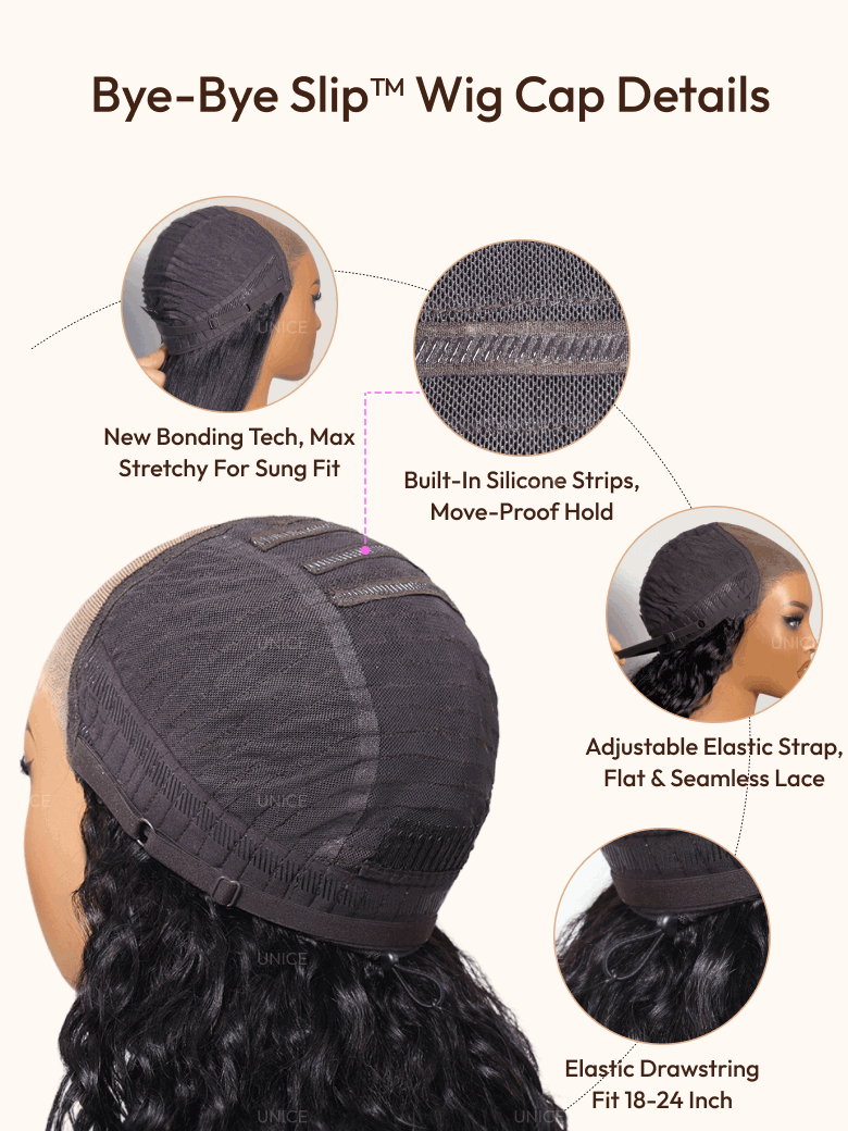 The UNice Bye Bye Slip 7x5 Lace Side Part Layered Wig With Side-Swept Bangs with image highlights Bye-Bye SlipTM Wig Cap Details, NewBondingTech, Max, StretchyForSung.