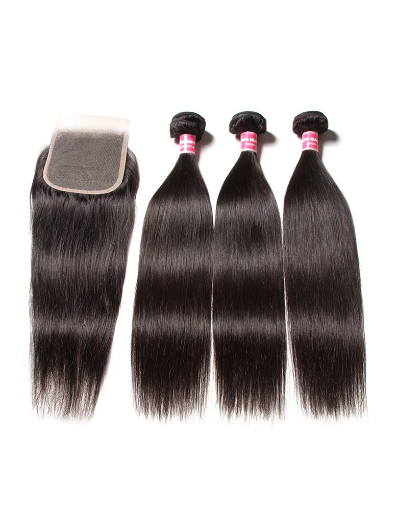The UNice 5x5 HD Invisible Lace Closure With 3Pcs Straight Human Hair Bundles visual image position 7 shows 3 bundles brazilian virgin hair bundles with closure closure.