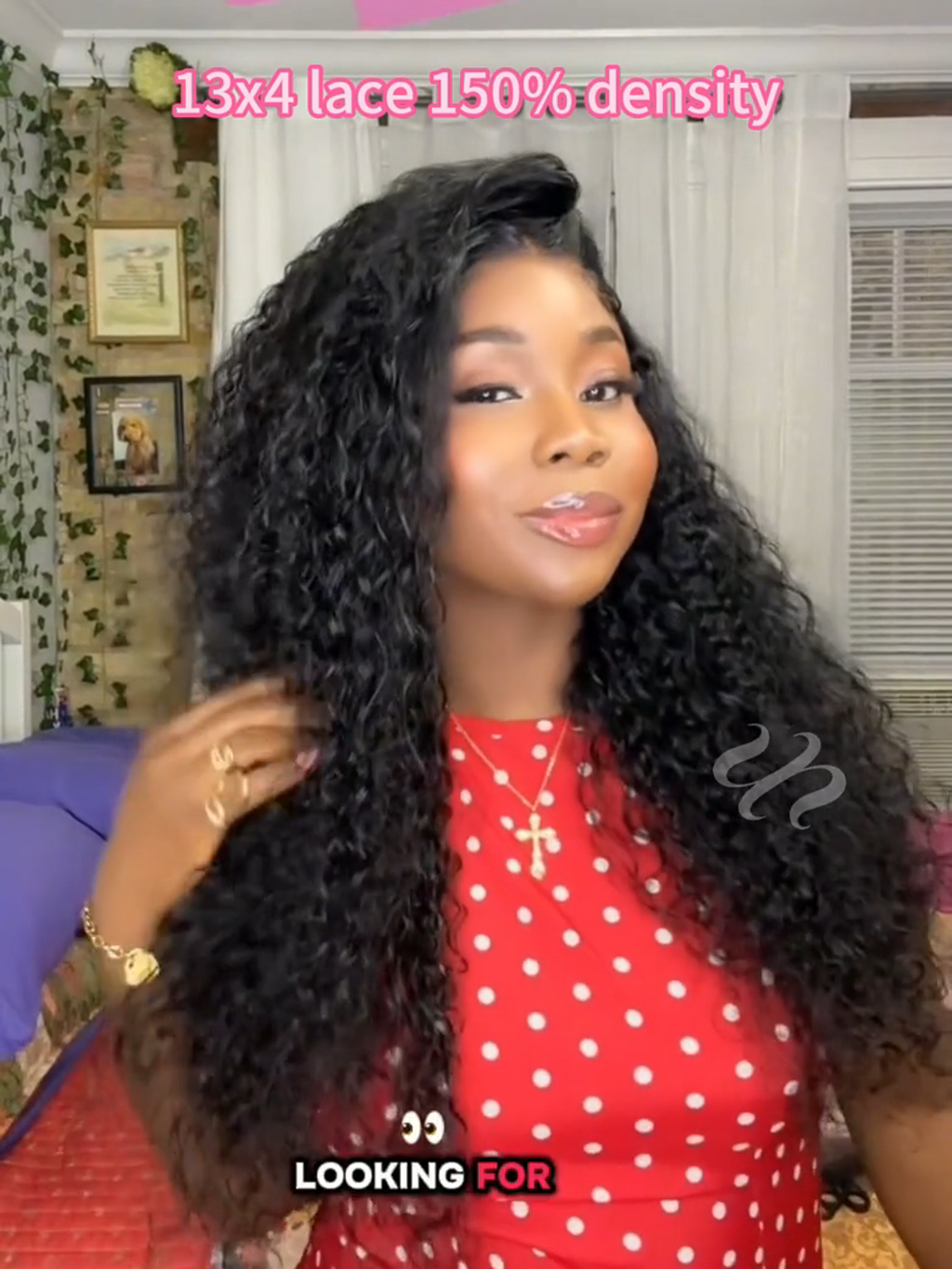 A model displays the UNice 7x5 Bye Bye Knots & 13x4 Pre-Everything Lace Frontal Natural Black Water Wave, showing a model with long curly hair wearing a red dress.