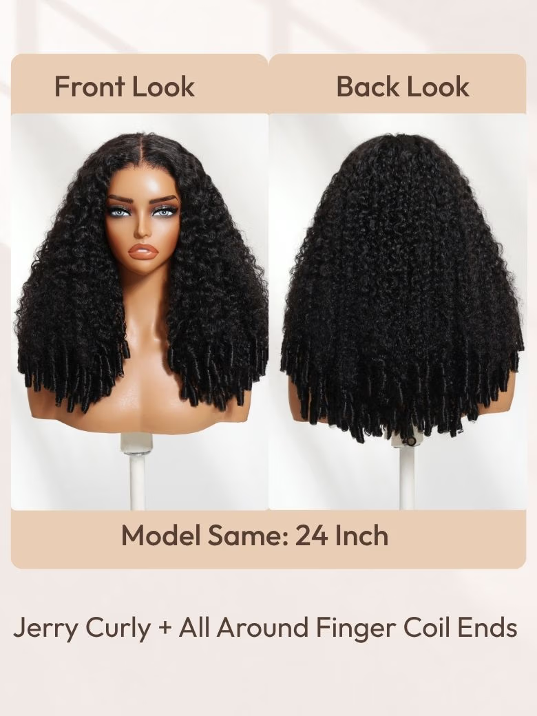The UNice Mixed Texture Lace Natural Black Jerry Curly Wig with Defined Finger Coil Ends image highlights FrontLook, BackLook, Model Same:24 Inch, Jerry Curly +All.