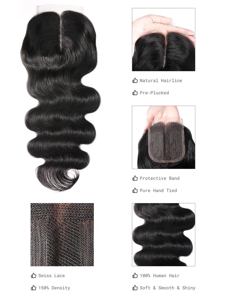The UNice 3Pcs Remy Hair Body Wave Bundles with Lace Closure VIP Exclusive image highlights Natural Hairline, Pre-Plucked, Protective Band, Pure Hand Tied, brazilian.