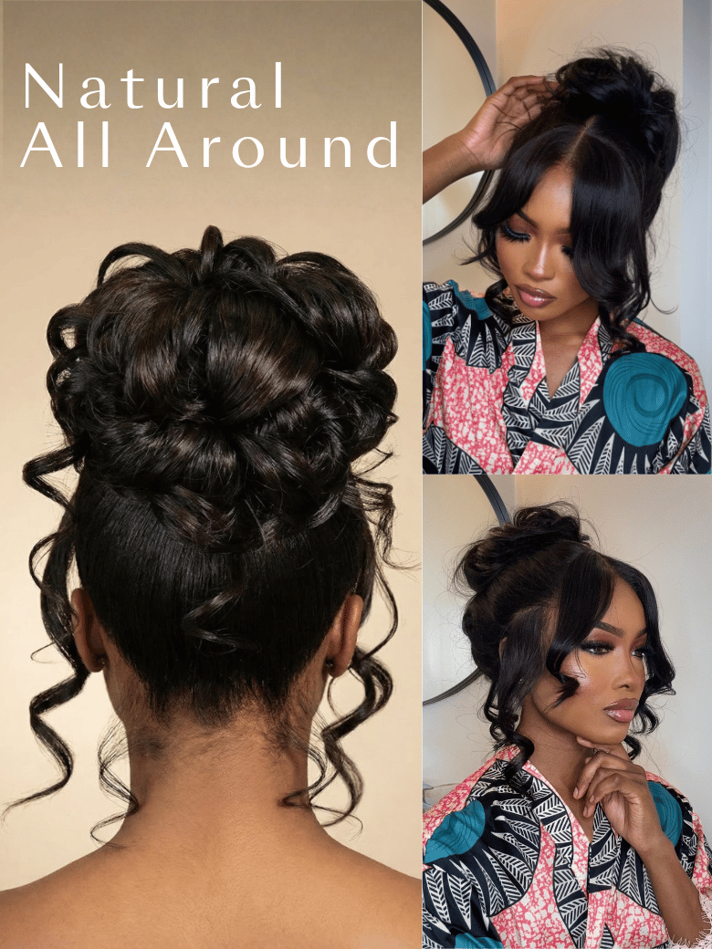 A model displays the UNice 13x4 HD Lace Bye Bye Slip Body Wave Wig - Pull & Go Fit Ear-to-Ear with Invisi, showing a model with a messy updo with a bun bun and body wave.