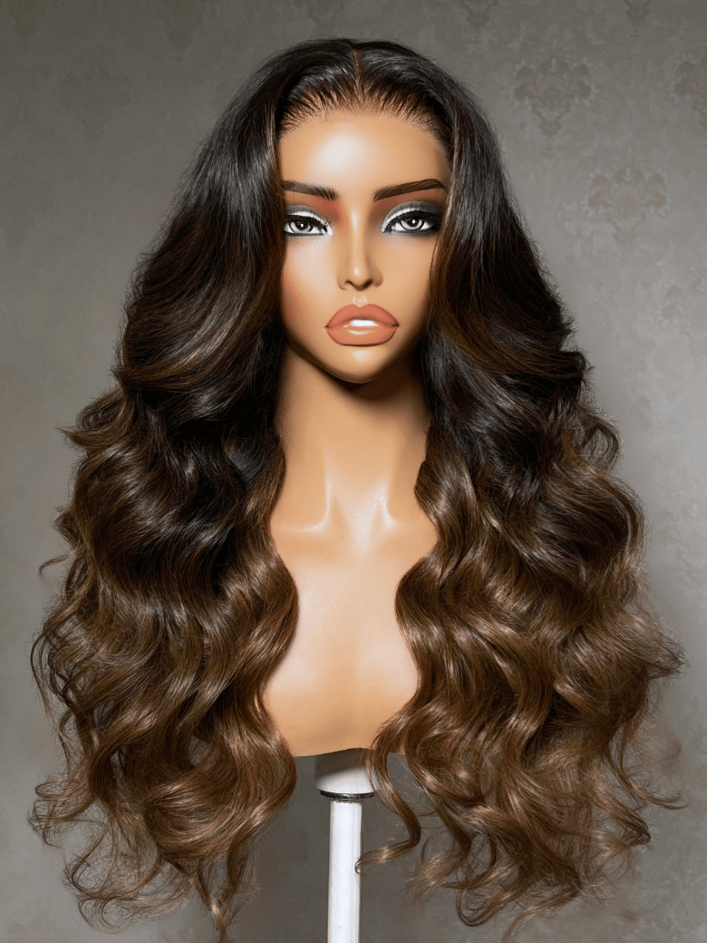 The UNice 13x4 Bye Bye Slip Lace Frontal Soft Ombre Caramel Brown Balayage Body Wave Wig product image shows a wig with long wavy hair and body wave texture, ombre, 13x4.