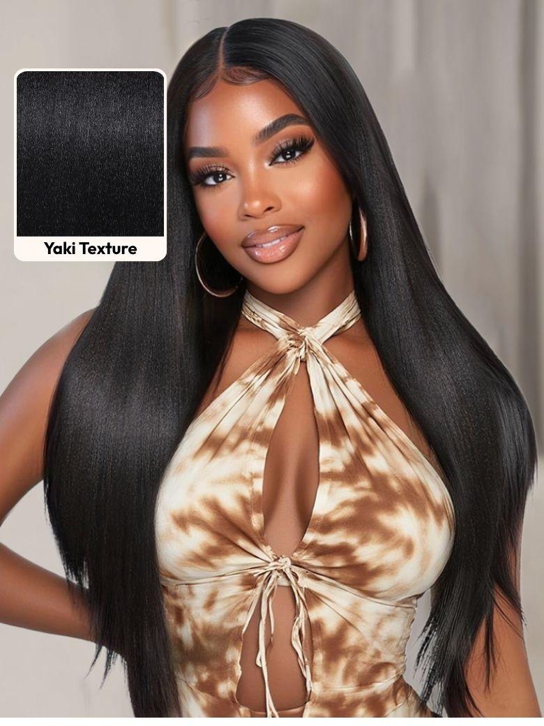 A model displays the UNice Hair Bundle 1 Pc/pack Yaki Virgin Human Hair, showing a woman wearing a long black wig with a tie around her neck and yaki texture.