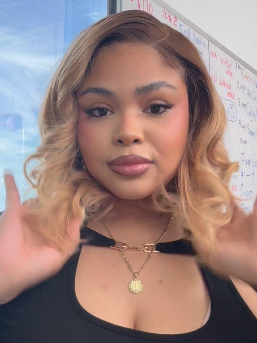 A model displays the UNice Bye Bye Slip 7x5 Lace Blonde with Brown Roots Side Part Blunt Bob Drawstring wig, showing a model with blonde hair and a black top and 7x5.