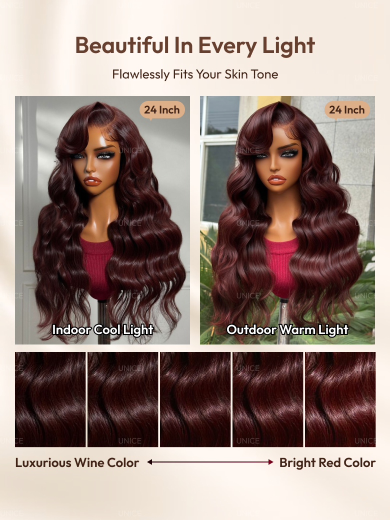 The UNice Glueless Human Hair Bye Bye Knots 7x5 Lace Dark Auburn Side Part Big Bouncy wig image highlights Beautiful In Every Light, FlawlesslyFitsYourSkinTone, 24Inch.