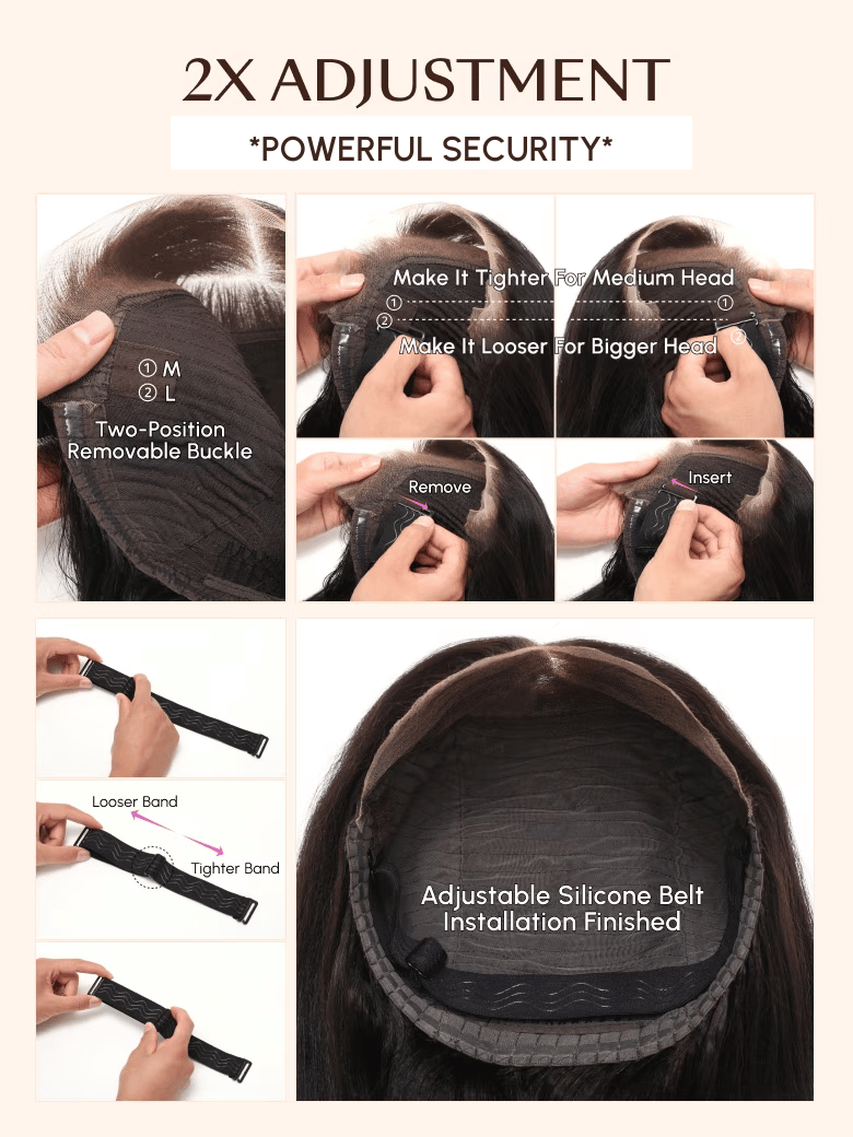 The UNice 13x4 Lace Front Body Wave Glossy Blonde Pre-Everything Wig image highlights 2XADJUSTMENT, *POWERFULSECURITY*, MakeItTighterForMediumHead, MakeItLooser.