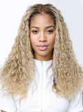 A model displays the UNice 20 Inch 13x4 Lace Front 180% Density Glossy Blonde With Silver Highlight Water, showing a model with long blonde hair and a white shirt.