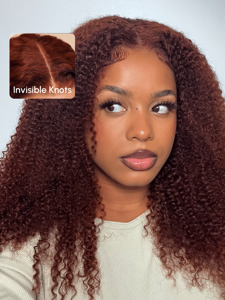 The UNice 7x5 Bye Bye Knots Wig Glueless Lace Sunset Kinky Curly for Reddish Brown Wig visual image position 2 shows a model with long curly hair and a white shirt |.