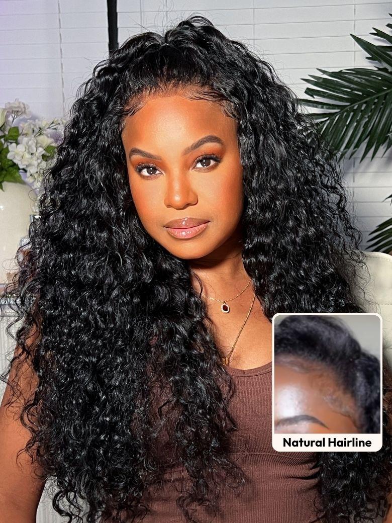 A model displays the UNice 7x5 Pre-Cut Lace 180% Density & 10 seconds flip-over Half Wig Water Wave With, showing a model with long curly hair and a brown shirt.