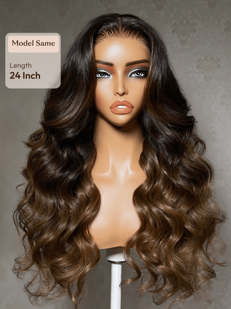 A model displays the UNice 13x4 Bye Bye Slip Lace Frontal Soft Ombre Caramel Brown Balayage Body Wave Wig, showing a wig with long wavy hair and a brown wig and body.