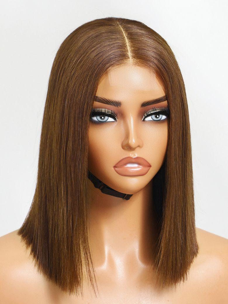The UNice 2x6 Lace Closure Medium Brown Glueless Blunt Cut Bob Wig visual image position 5 shows a model with long brown hair and a black choke | 2x6, glueless wear.
