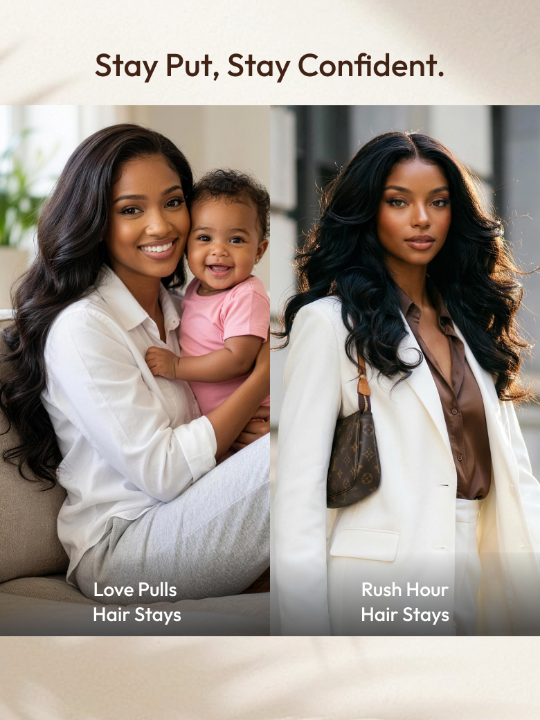 A model displays the UNice 7x5 Bye Bye Slip HD & Transparent Glueless Lace Body Wave Lace Front wig, showing a woman and her daughter sitting on a couch with the words.