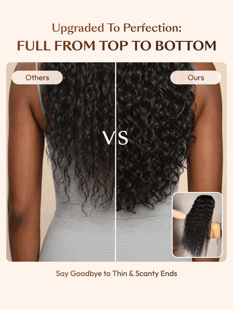 A model displays the UNice 7x5 Bye Bye Slip Glueless Water Wave Drawstring Wig With Baby Hair, showing a model with long hair is shown in the picture and water wave.