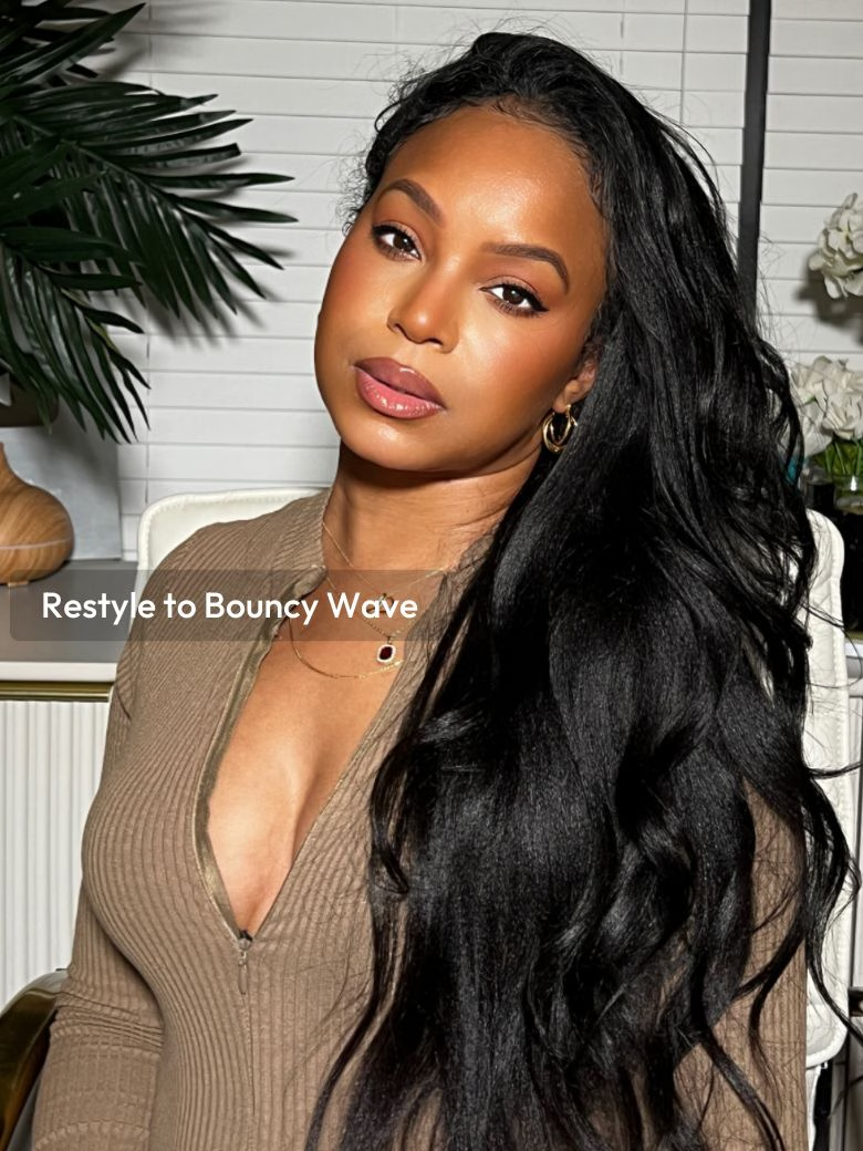 A model displays the UNice EasiContour V Part Glueless Yaki Glueless Wig Invisi Drawstring Human Hair, showing a model with long black hair sitting in a chair and yaki.