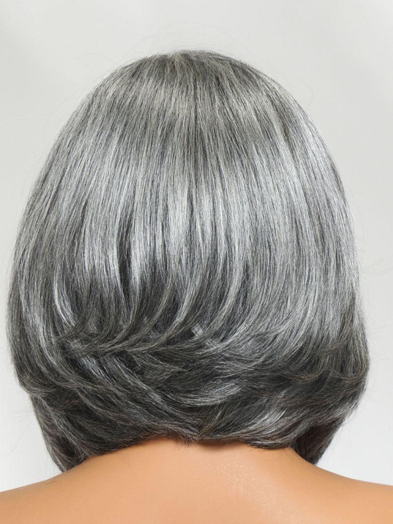 A model displays the UNice Boss-Vibe Salt and Pepper Blowout Layered Bob Glueless Wig 6.5x1.5 Side Part, showing a model with grey hair and a short bob and 5x1, glueless.