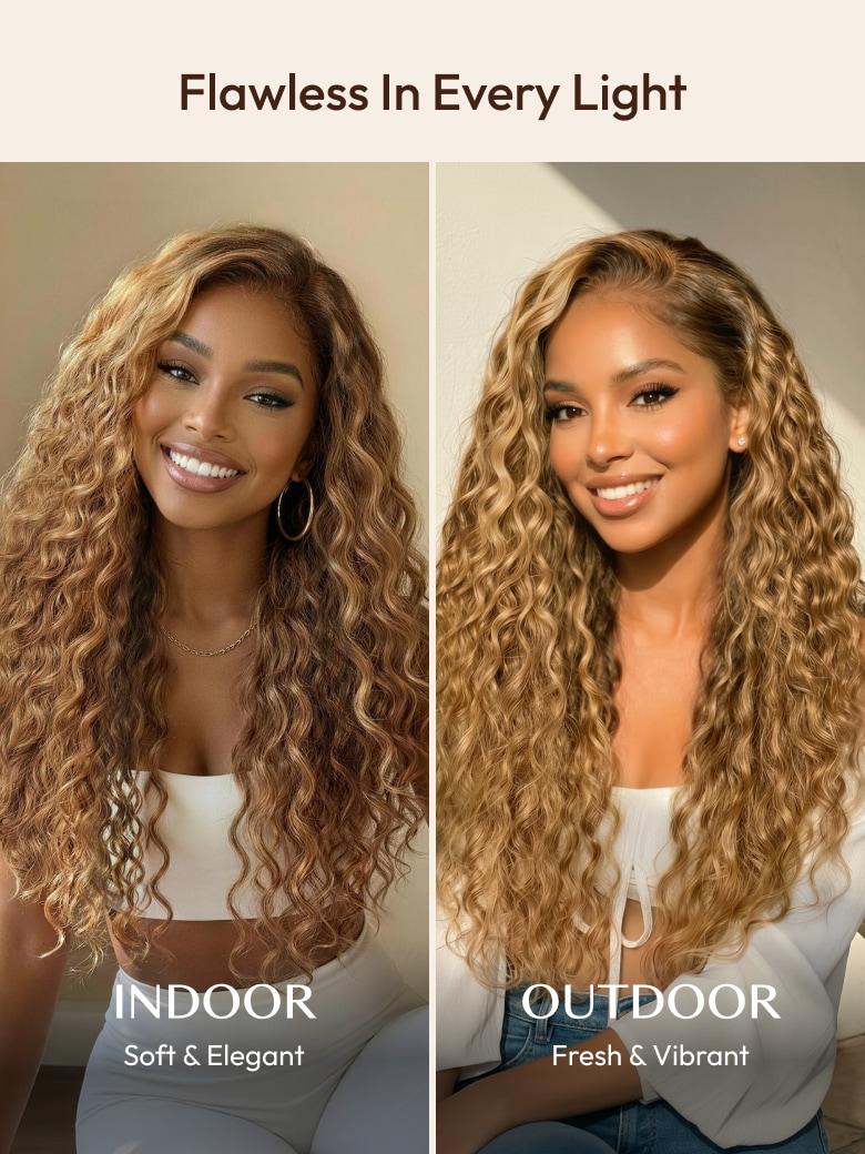 A model displays the UNice 13x4 Bye Bye Slip Lace Frontal Bronde Color With Honey Blonde Highlights Water, showing a model with long curly hair and a blonde blonde.