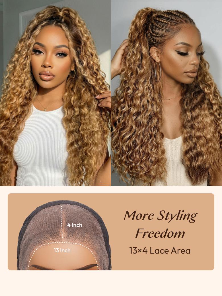 A model displays the UNice 13x4 Bye Bye Slip Lace Frontal Bronde Color With Honey Blonde Highlights Water, showing a model with long curly hair and a ponytail braid.