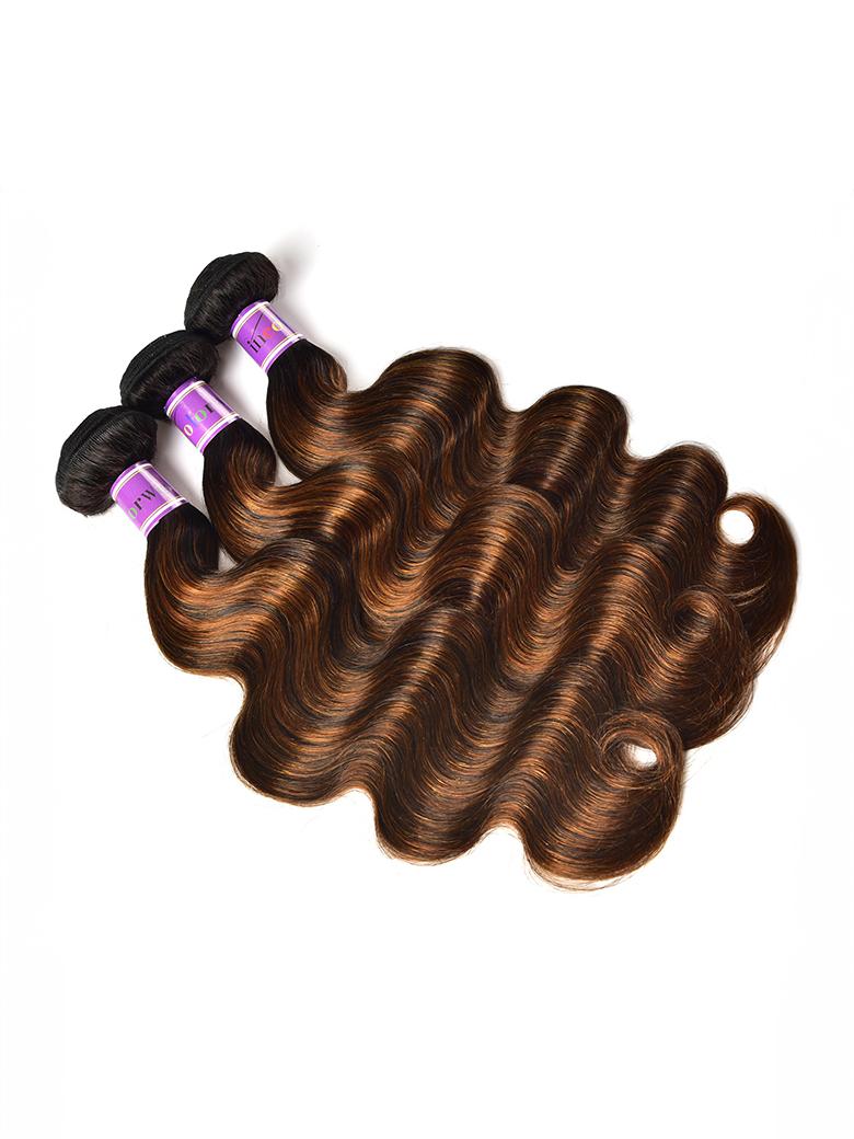 The UNice Brown Balayage 4x4 Lace Closure With 3Pcs Body Wave Bundles product image shows a hair extension with a hair clip and body wave texture, 4x4, lace finish.