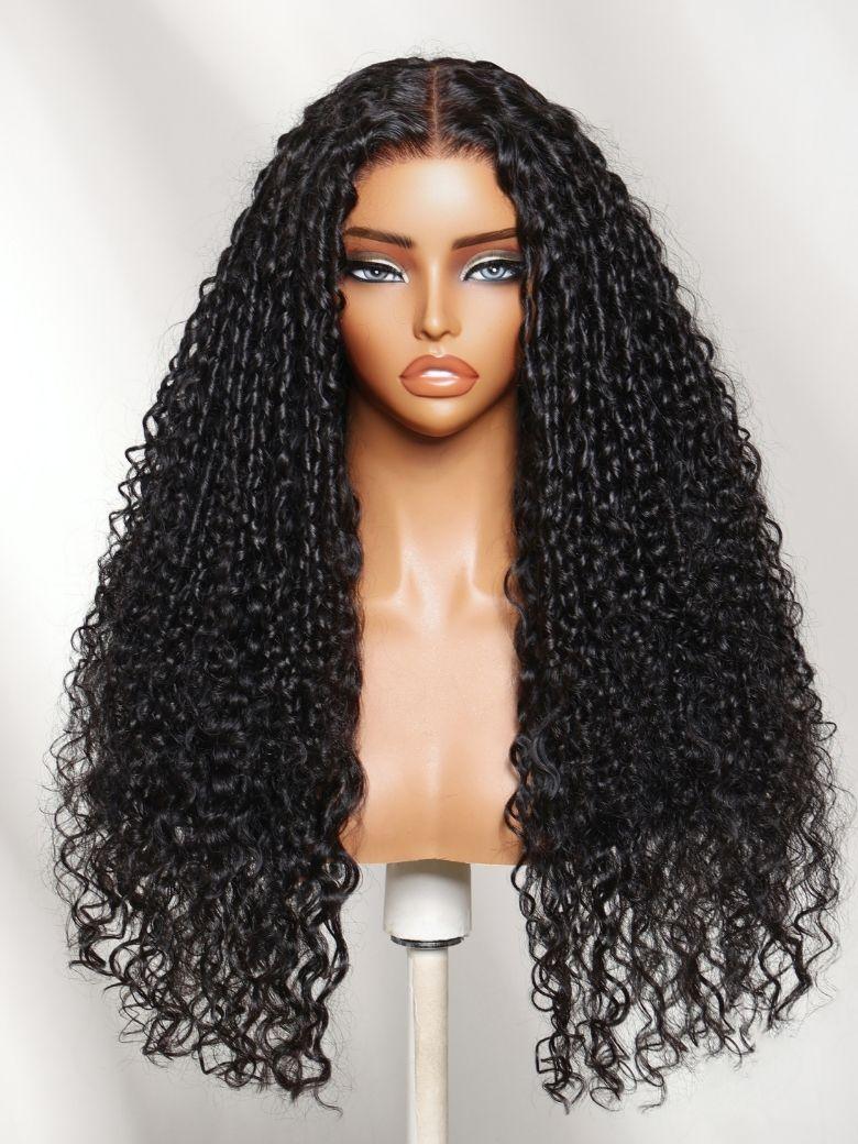 A model displays the UNice 7x5 Bye Bye Slip Lace Black Defined Mixed Curly Glueless Wig with Invisi, showing a wig with long curly hair on a mann and curly texture, 7x5.