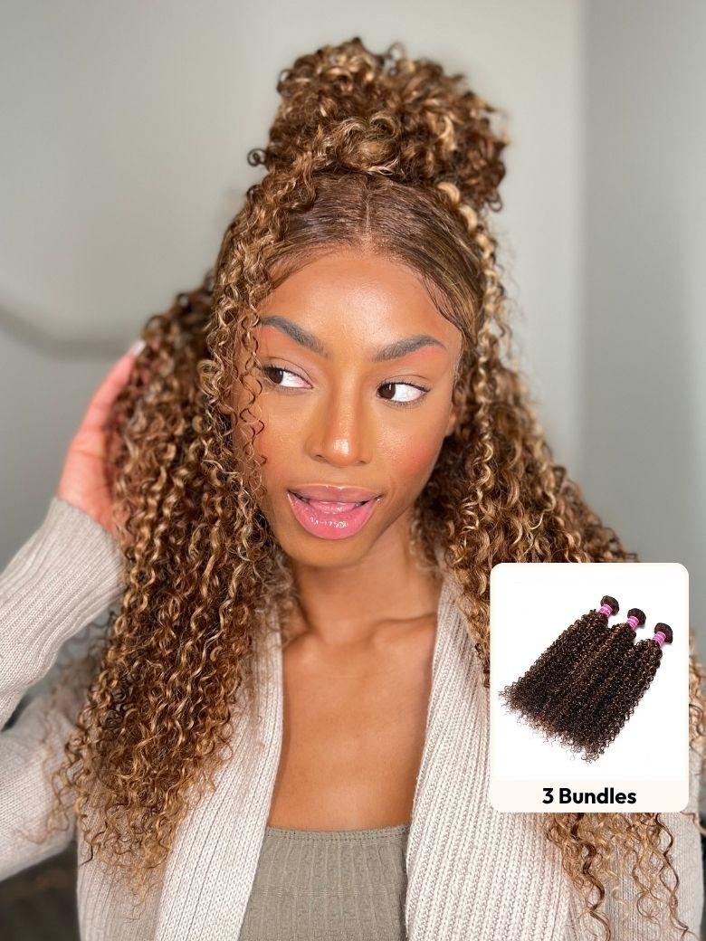A model displays the UNice Trending Curly Hair TL412# Color 3 Pieces Human Hair Weave On Sale, showing a model with curly hair and a white sweater and curly texture.