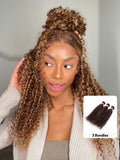 A model displays the UNice Trending Curly Hair TL412# Color 3 Pieces Human Hair Weave On Sale, showing a model with curly hair and a white sweater and curly texture.