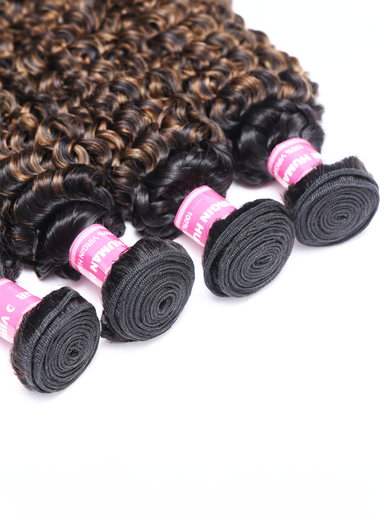 The UNice #FB30 Brown Balayage Highlight 4Pcs Jerry Curly Human Hair Bundles image highlights NIO, VIRGIN, a pile of curly hair on a white background and jerry curl.