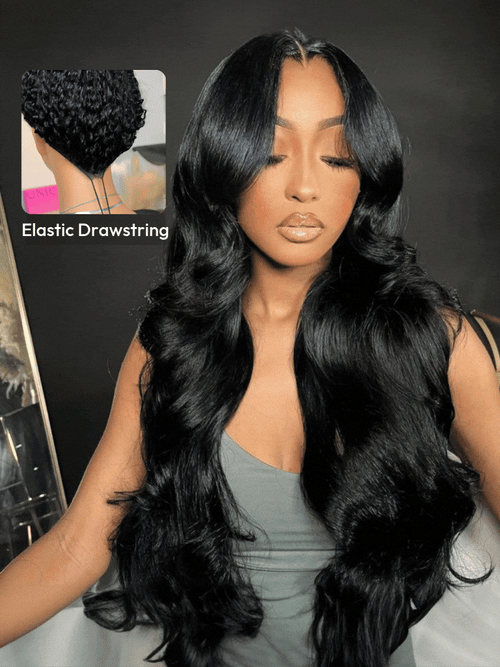 The UNice 13x4 Pre-Everything Transparent Lace Front 3D Bouncy Body Wave Wig Real Ear To visual image position 3 shows a model with long black hair and a black wig |.