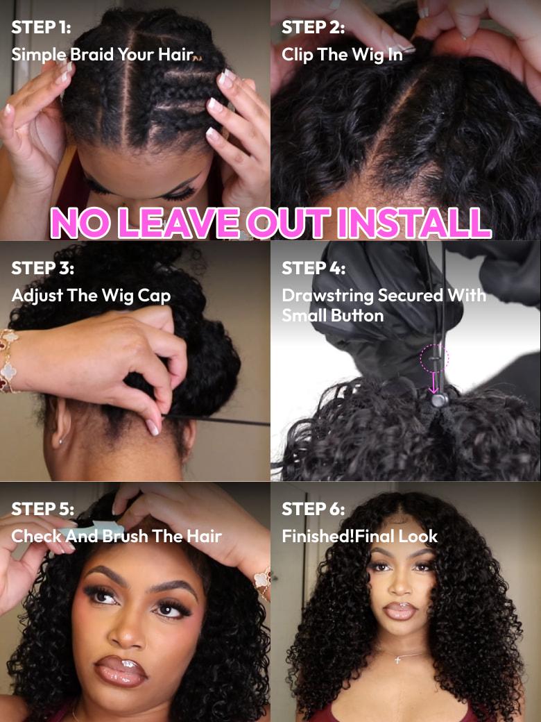 The UNice Beginner Friendly V Part Burgundy Ombre With Dark Roots Curly Wig 150% Density image highlights STEP1, STEP2, Simple BraidYourHair, Clip TheWig In, how to curl.
