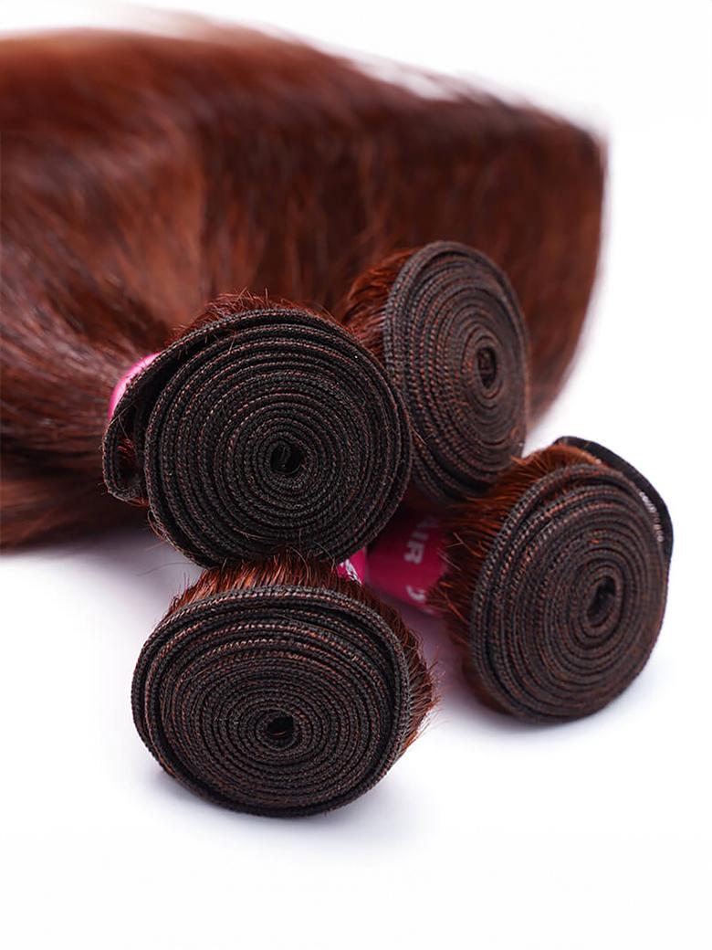 The UNice Dark Auburn Straight Remy Human Hair 4 Bundles With Closure Deal product image shows a pile of brown hair and straight texture, bundle fullness.