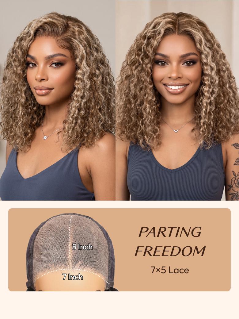 A model displays the UNice 7x5 Bye Bye Slip Glueless Invisible Drawstring Honey Blonde Highlights wig, showing a model with long curly hair and a full wig and curly.