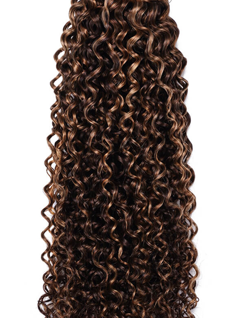 The UNice Curly Hair With Blonde Highlight Human Hair Weft One Bundle product image shows a curly ponytail with a long, curly hair and curly texture, highlight.
