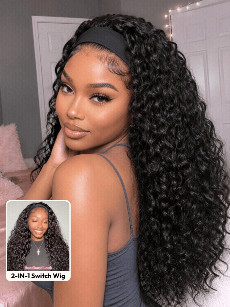 UNice 2-In-1 Switch™ Black Water Wave Breathable Headband Wig with Invisi Drawstring