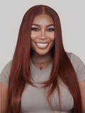 A model displays the UNice Dark Auburn Straight Remy Human Hair 3 Bundles With Closure Deal, showing a model with long red hair and a grey shirt and straight texture.