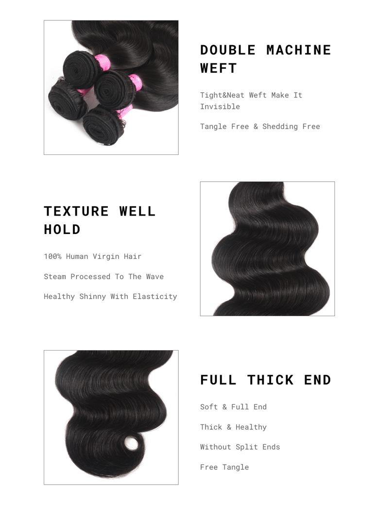 The UNice 13x4 Lace Frontal With Body Wave Human Hair Bundle For Frontal Ponytail Style image highlights DOUBLE MACHINE, WEFT, Tight&Neat Weft Make It, Invisible.