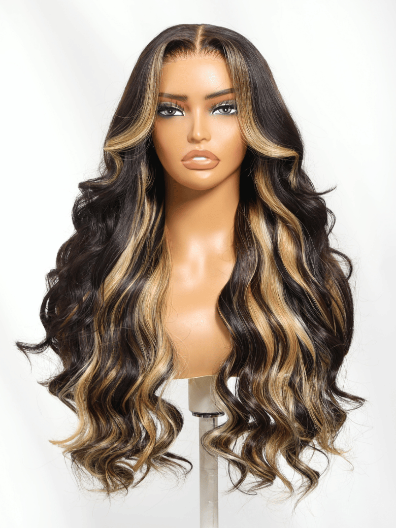 The UNice Loose Wave Butterscotch Highlights Brown 7x5 Bye Bye Knots Wig 150% Density product image shows a wig with long wavy hair and a brown base and loose wave.